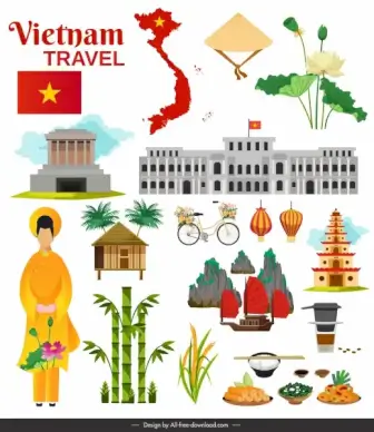 vietnam travel banner national symbols sketch colorful decor