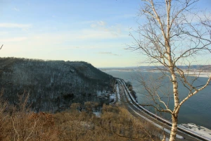 view from top of the bluff of railroad at john a latsch state park minnesota