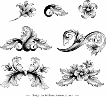 vintage baroque elements black white elegant sketch
