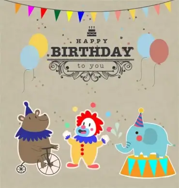 vintage birthday card vector illustration with circus animals