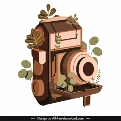 vintage camera icon brown 3d sketch leaves decor