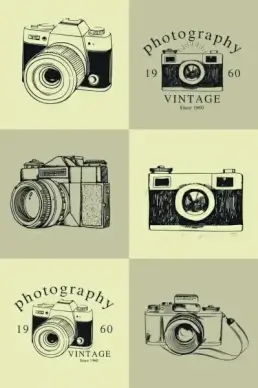 vintage camera icons collection black white sketch