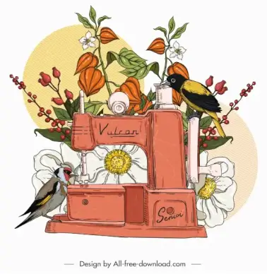 vintage painting flora bird sewing machine sketch