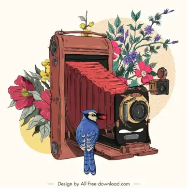 vintage painting flower decor bird classic camera sketch