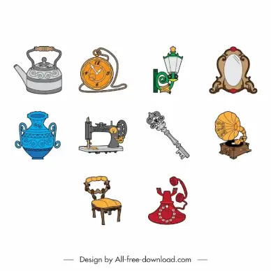 vintage stuff icon sets colorful objects symbols sketch