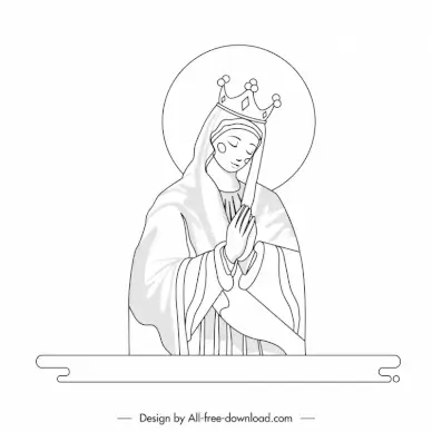 virgin mary mother icon praying gesture black white handdrawn outline