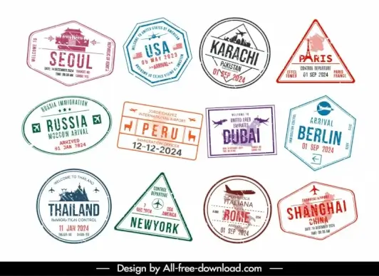 visa stamps collection classical geometric shapes airplane landmark 