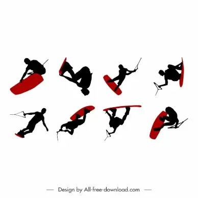 wakeboarding icons collection dynamic silhouette sketch
