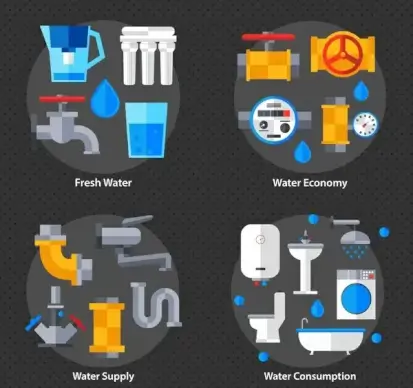 water supply concepts isolated in circles with symbols