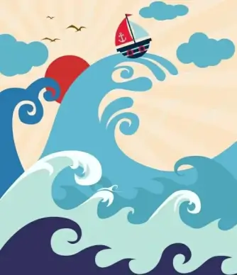 waving sea drawing big waves boat icons decor