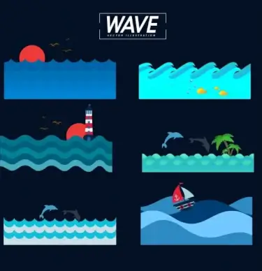 wavy beach background sets dark colored blue design