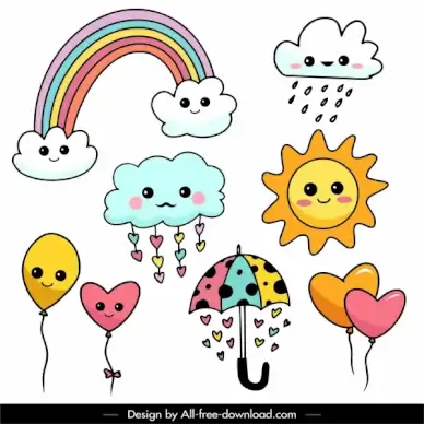 weather decor elements colorful flat cute stylized handdrawn symbols
