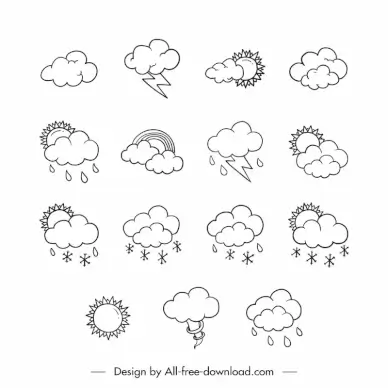 weather icon sets flat black white handdrawn clouds sun snow rain thunder symbols outline