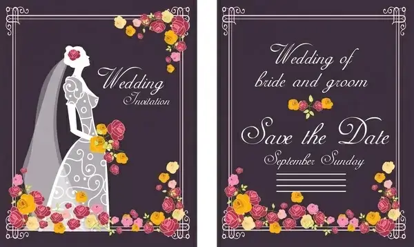 wedding card bride flowers design on dark background