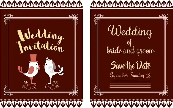 wedding card design classical style with birds couple