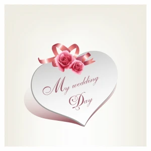 Wedding card heart shape with rose and pink ribbon
