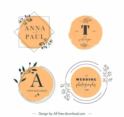 wedding card logo templates elegant retro handdrawn plants