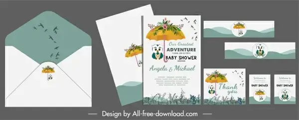 wedding card template birds flock umbrella flowers decor