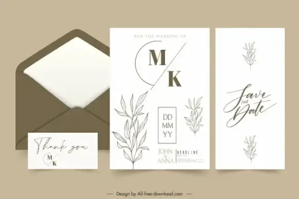 wedding card template bright classic design handdrawn leaves