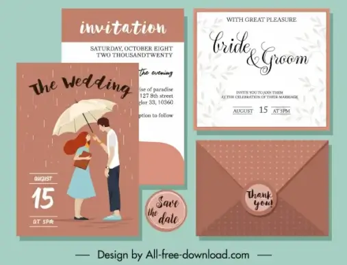 wedding card template classical design couple rain icons
