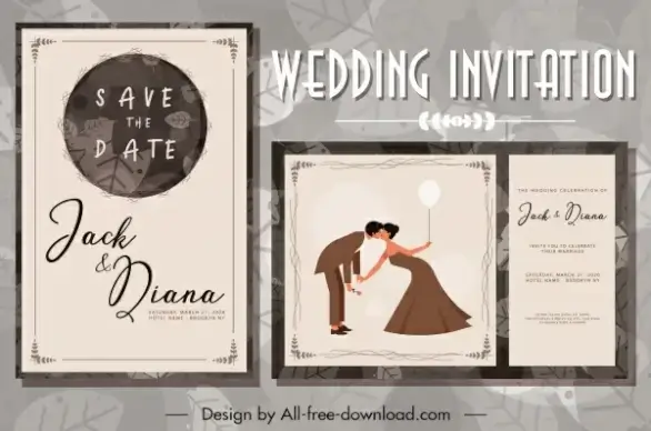 wedding card template classical romance couple sketch