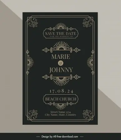wedding card template dark symmetric vintage frame 