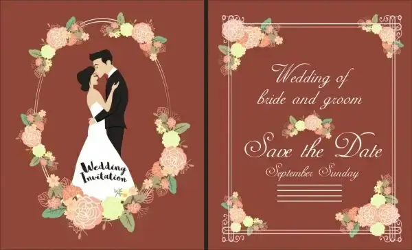 wedding card template groom bride flowers icons ornament