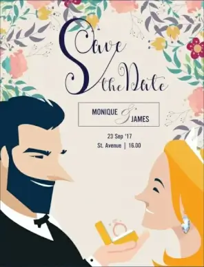 wedding card template groom bride icons flowers decor