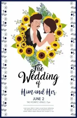 wedding card template groom bride sunflowers icons decor