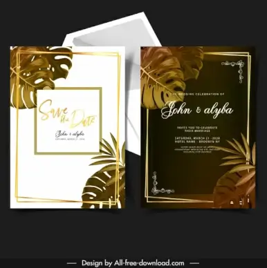 wedding card template leaves decor dark bright design