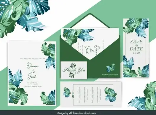 wedding card template natural leaves decor classic design