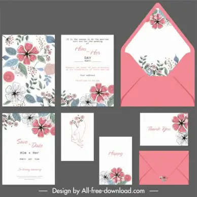 wedding card templates botanical decor colorful retro handdrawn