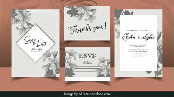 wedding card templates elegant classic grey petals decor