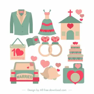 wedding icon sets elegant flat retro symbols sketch