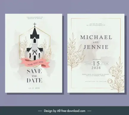 wedding invitation card template elegant classical church ribbon flowers decor