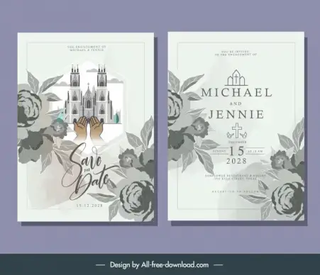 wedding invitation card template elegant retro church petals decor