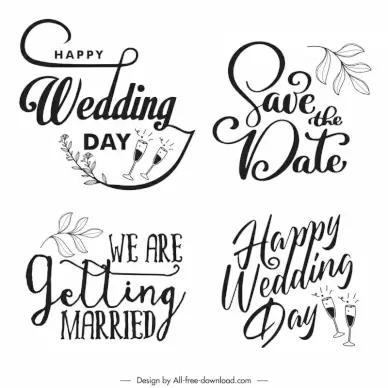 wedding wishes design elements flat black white calligraphic texts leaf wineglasses sketch classic design 