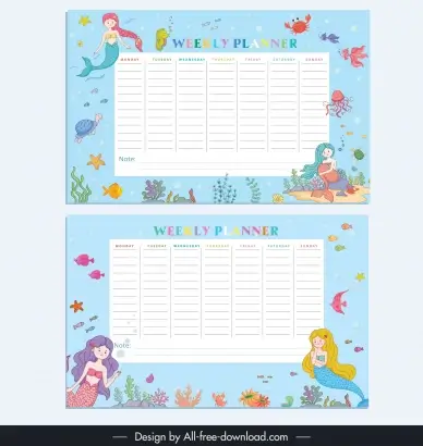 weekly planner organizer template cute cartoon mermaid ocean elements