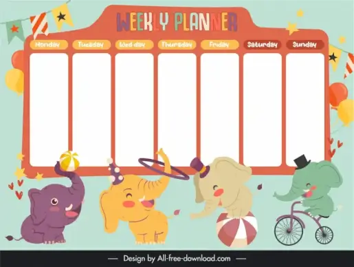 weekly planner template cute funny dynamic elephants circus performance sketch