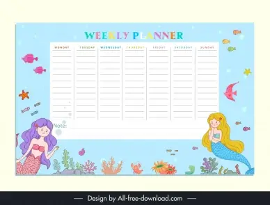 weekly planner  template cute mermaid cartoon