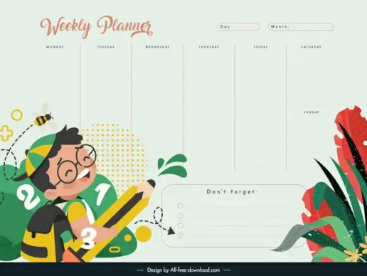 weekly planner template cute schoolboy cartoon sketch