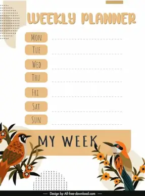 weekly planner template elegant flat classical natural bird flora decor