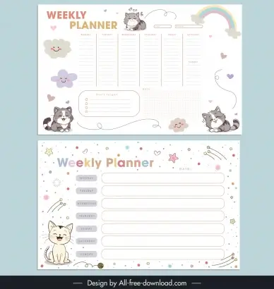 weekly todo list planner  template cute funny kitties cartoon 