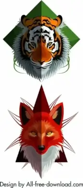 wild animal icons tiger fox heads decor