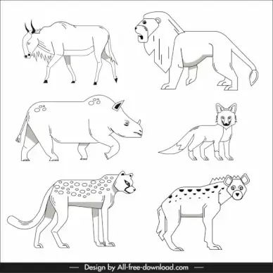 wild animals icons black white handdrawn sketch