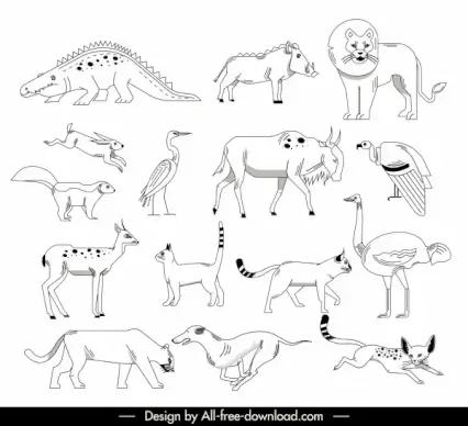 wild animals icons black white handdrawn sketch