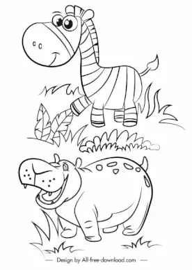 wild animals icons horse hippo cartoon sketch