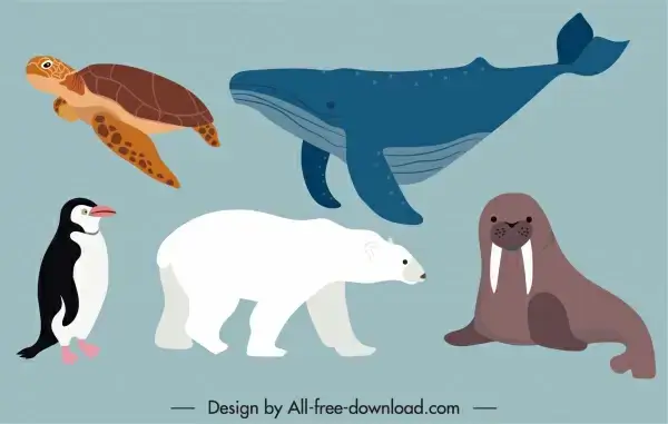 wild animals species icons colored cartoon sketch
