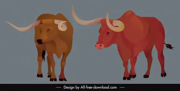 wild bull icons longhorn sketch cartoon design