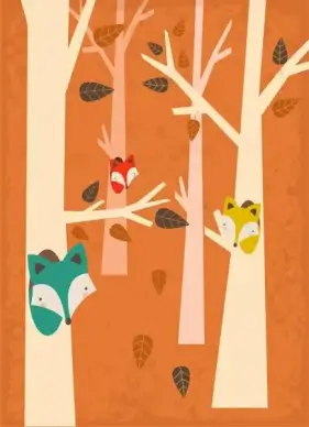 wild foxes drawing tree icons decor retro design